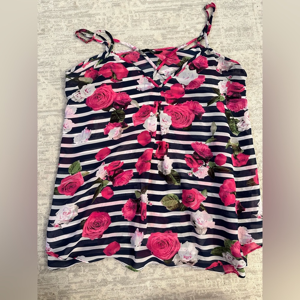 Guess Striped Floral Spaghetti Strap Blouse Blue Pink Size Medium